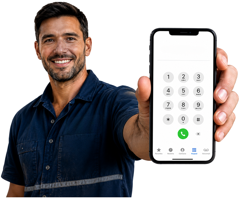 Glenwood Blocked Drains plumber holding a phone — call 1300 261 965