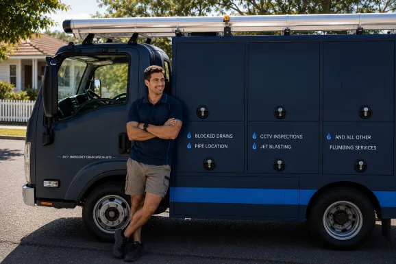 Plumber standing beside a service van in Glenwood