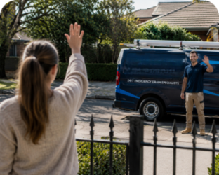 Customer waving goodbye to a Glenwood Blocked Drains plumber